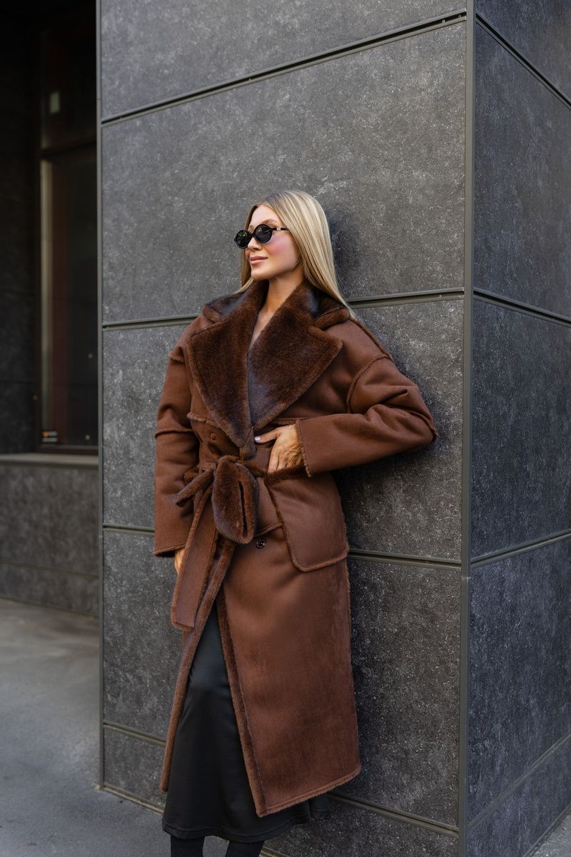 Women's Long Shearling Faux Suede Coat with Belt mahogany, Mahogani, Mahogani, 44, Winter