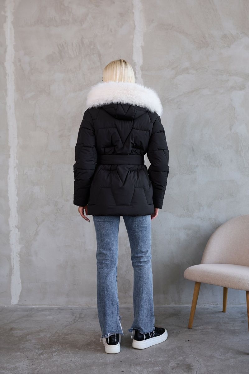 Women's short padded jacket with a waist length fit hood with faux fox fur zip and snap closure cuffs on the sleeves black with white fur, Black (a/m), Black (a/m), 42, Winter