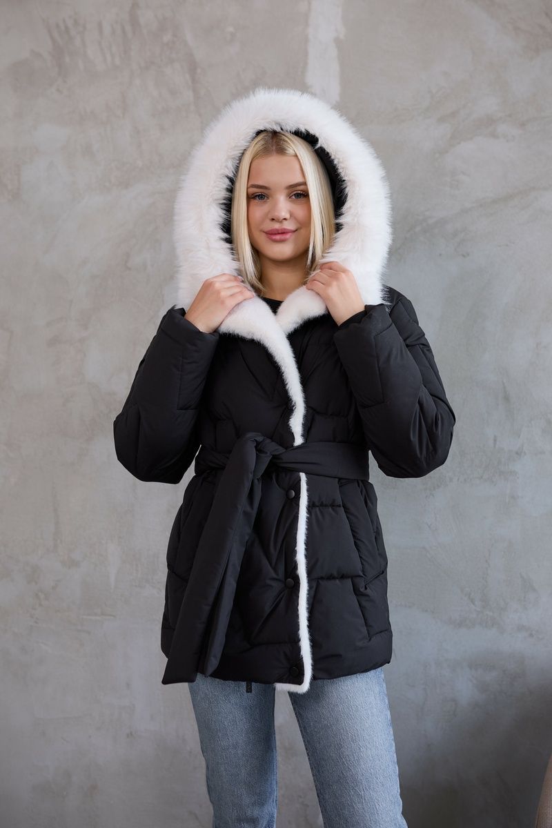 Women's short padded jacket with a waist length fit hood with faux fox fur zip and snap closure cuffs on the sleeves black with white fur, Black (a/m), Black (a/m), 42, Winter