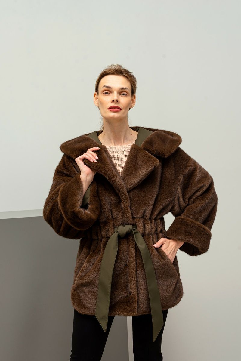 Women's double-sided eco fur parka with fur texture brown with khaki, Brown, Brown, 42, Winter