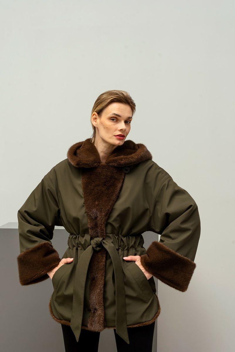 Women's double-sided eco fur parka with fur texture brown with khaki, Brown, Brown, 42, Winter