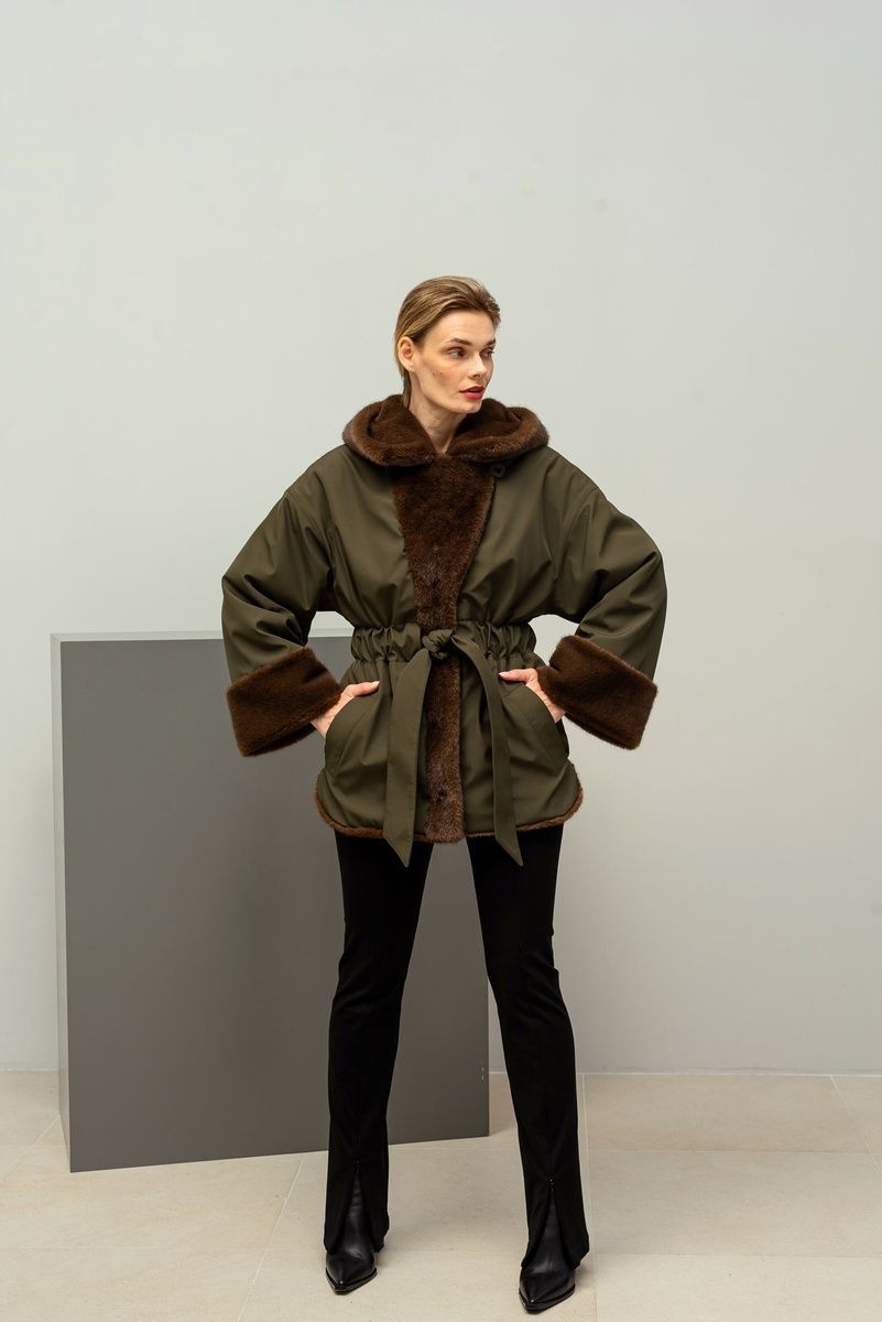 Women's double-sided eco fur parka with fur texture brown with khaki, Brown, Brown, 42, Winter