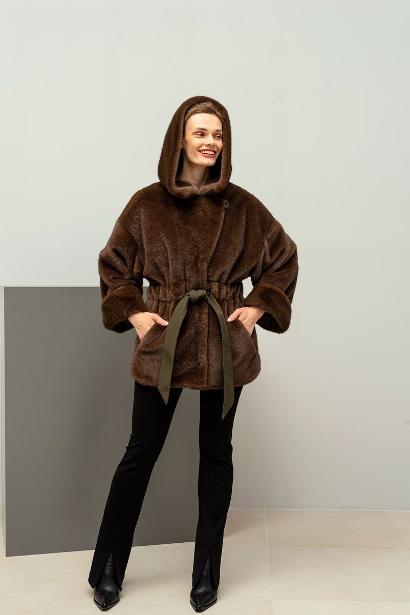 Women's double-sided eco fur parka with fur texture brown with khaki, Brown, Brown, 42, Winter