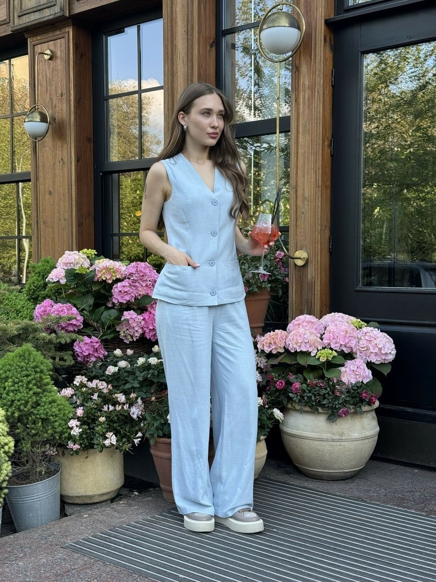Women's summer two-piece suit with vest and wide trousers, Light blue, light blue, 52, summer