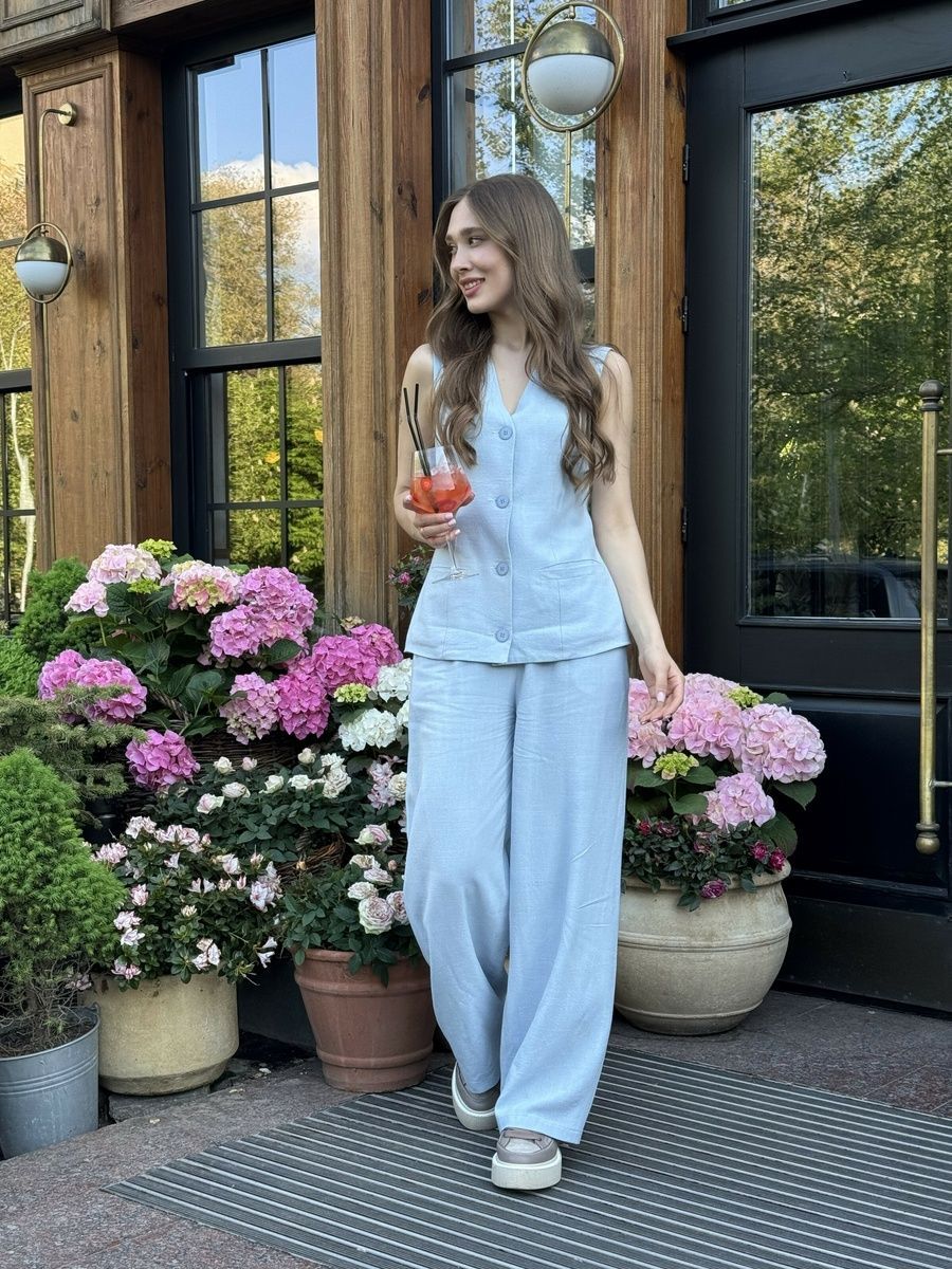 Women's summer two-piece suit with vest and wide trousers, Light blue, light blue, 52, summer