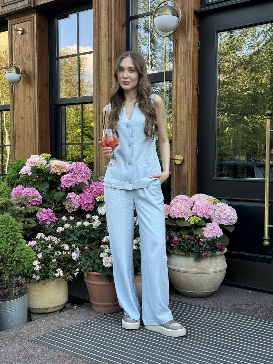 Women's summer two-piece suit with vest and wide trousers, Light blue, light blue, 52, summer
