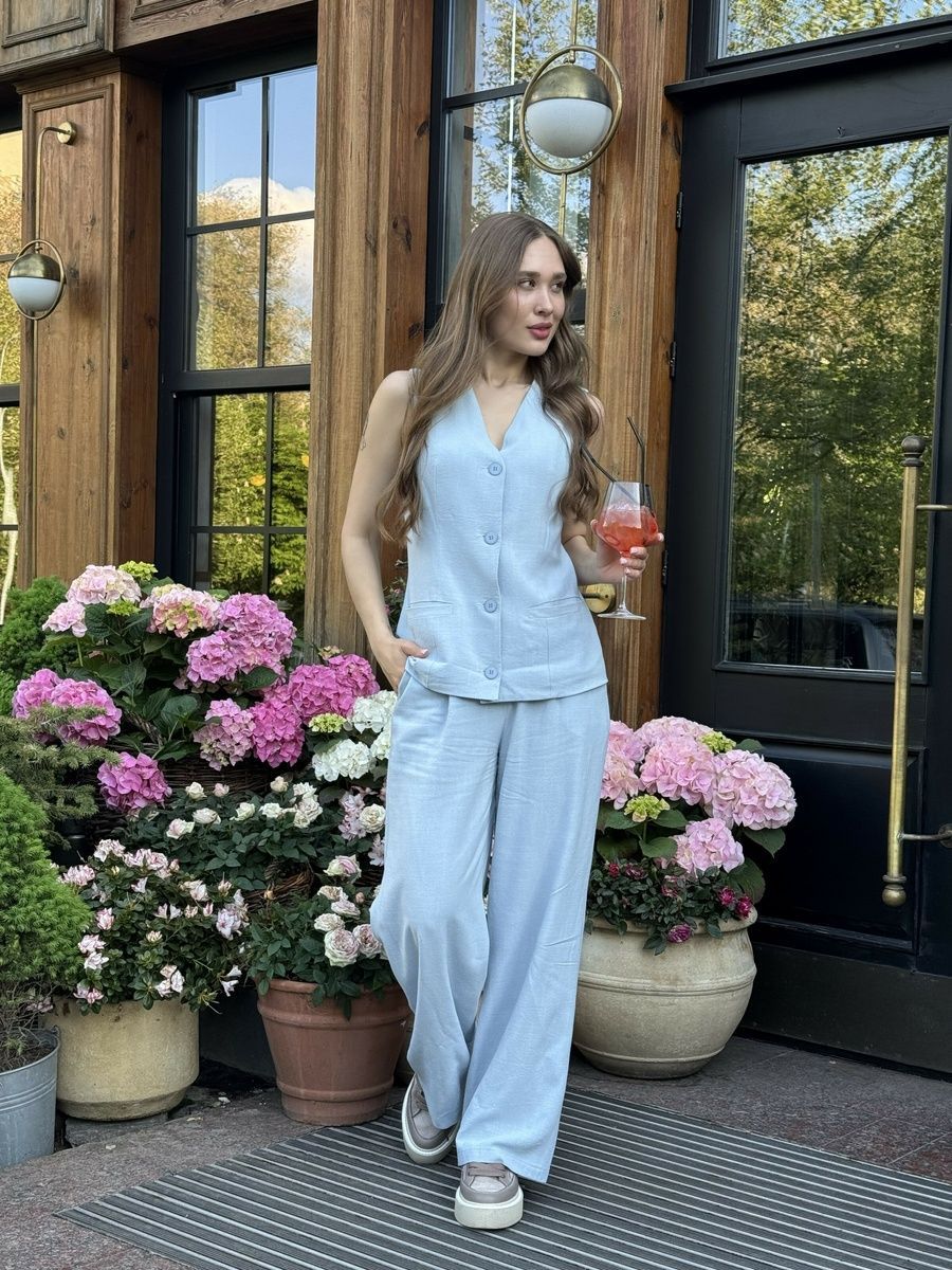 Women's summer two-piece suit with vest and wide trousers, Light blue, light blue, 52, summer