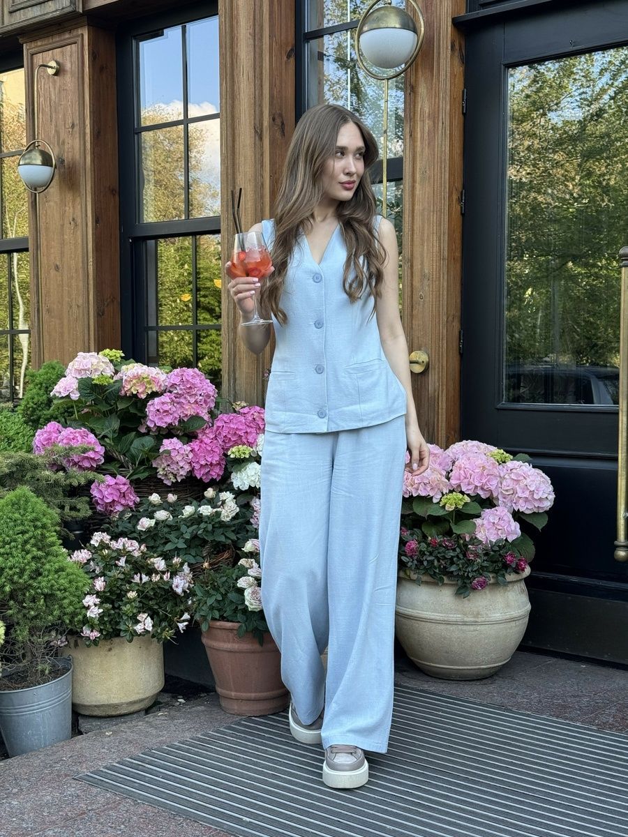 Women's summer two-piece suit with vest and wide trousers, Light blue, light blue, 52, summer