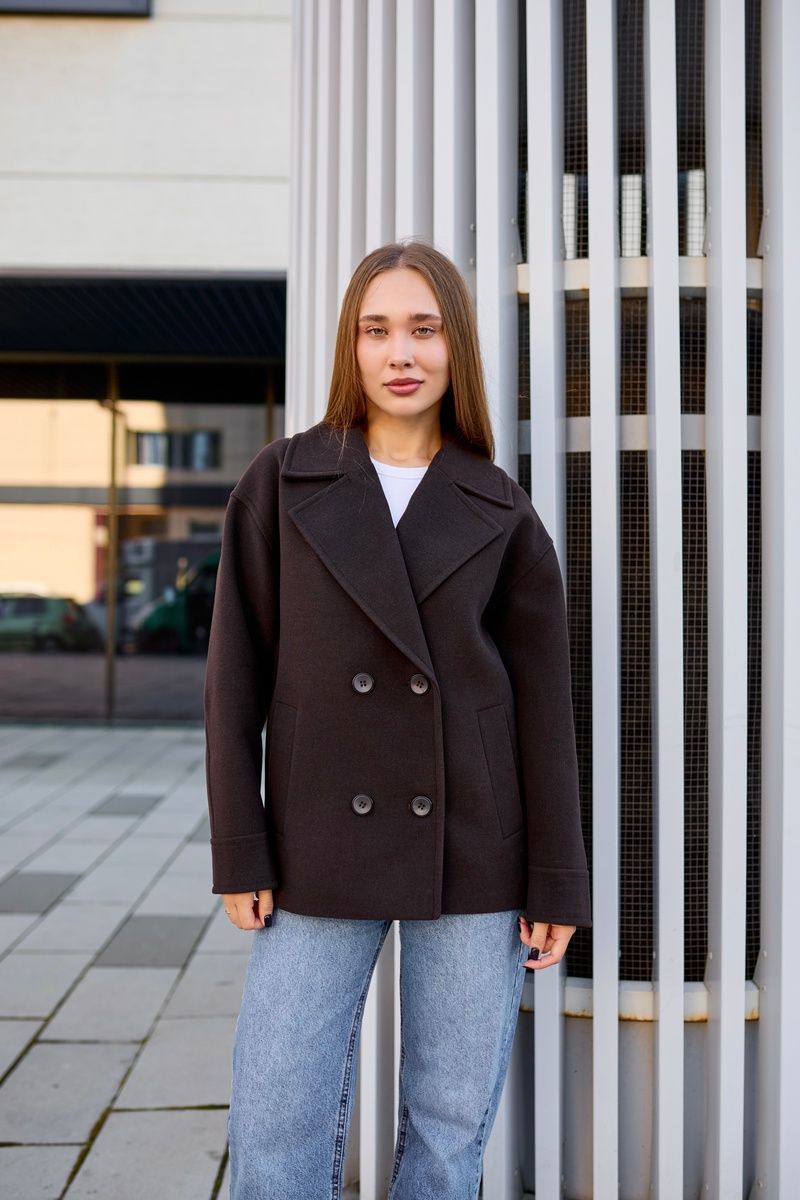 Classic women's coat jacket short oversized with buttons, pockets an English collar and a loose fit  brown, 6#Brown, 6#Brown, 42, Autumn/Spring