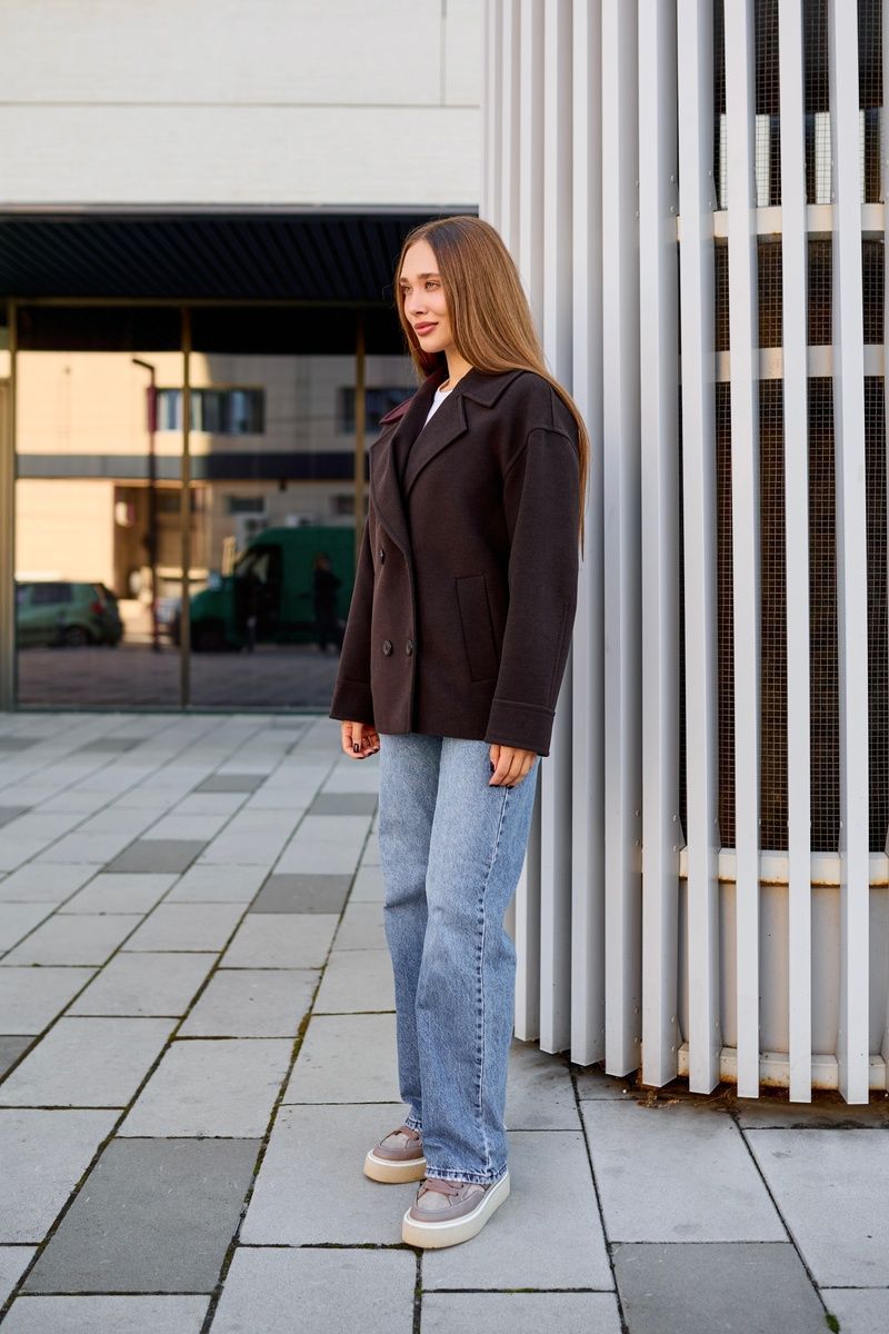 Classic women's coat jacket short oversized with buttons, pockets an English collar and a loose fit  brown, 6#Brown, 6#Brown, 42, Autumn/Spring