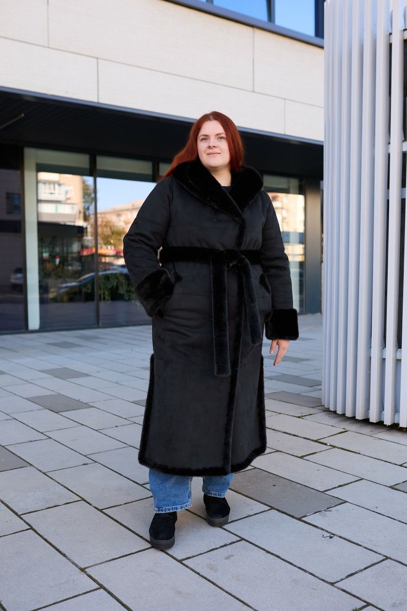 Women's long reversible black shearling coat with hood and belt, Black, Black, 42, Winter
