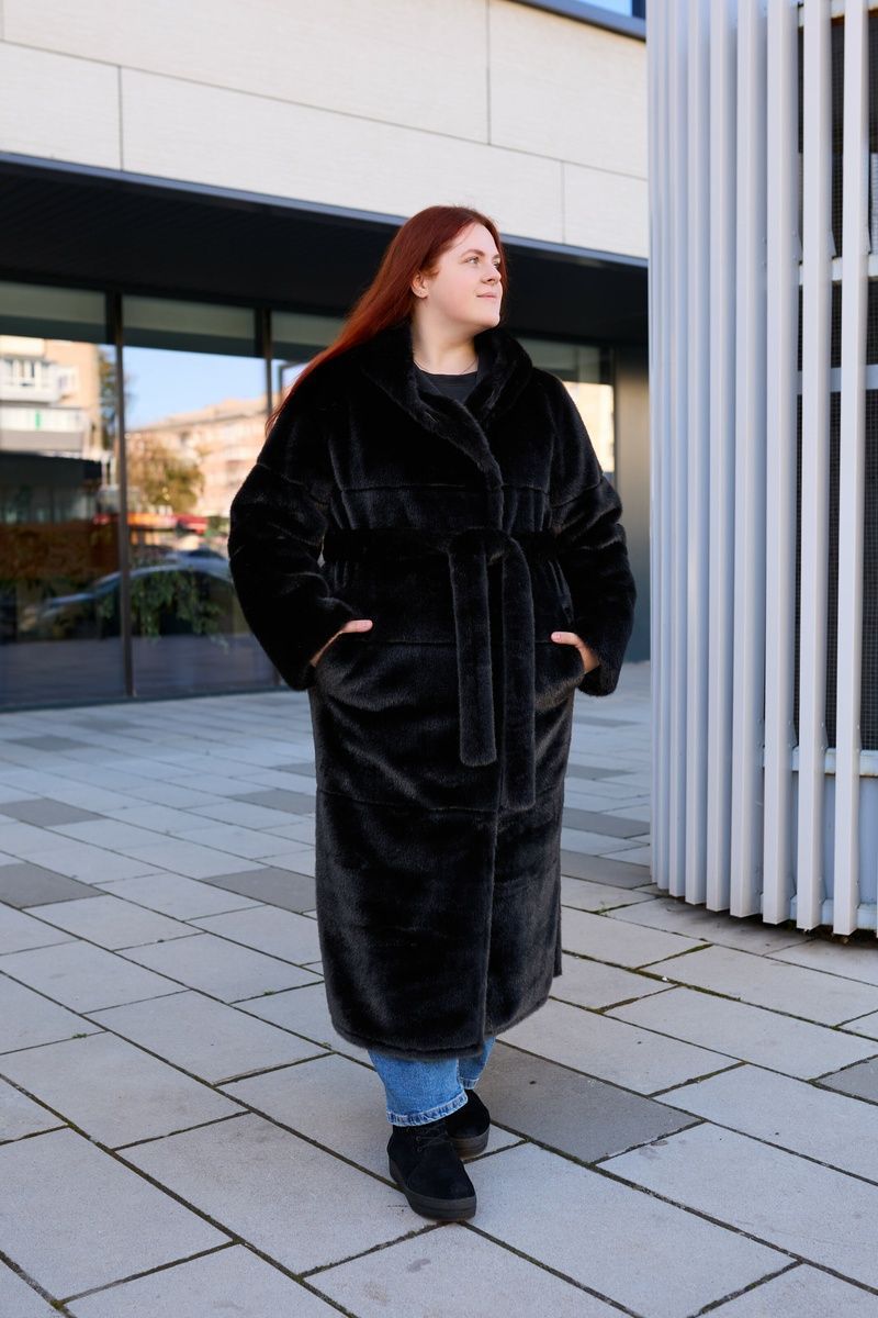 Women's long reversible black shearling coat with hood and belt, Black, Black, 42, Winter