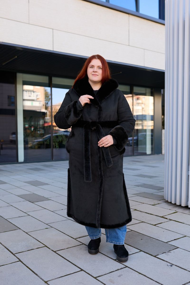 Women's long reversible black shearling coat with hood and belt, Black, Black, 42, Winter