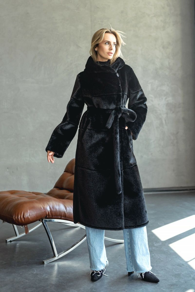 Women's long reversible black shearling coat with hood and belt, Black, Black, 42, Winter