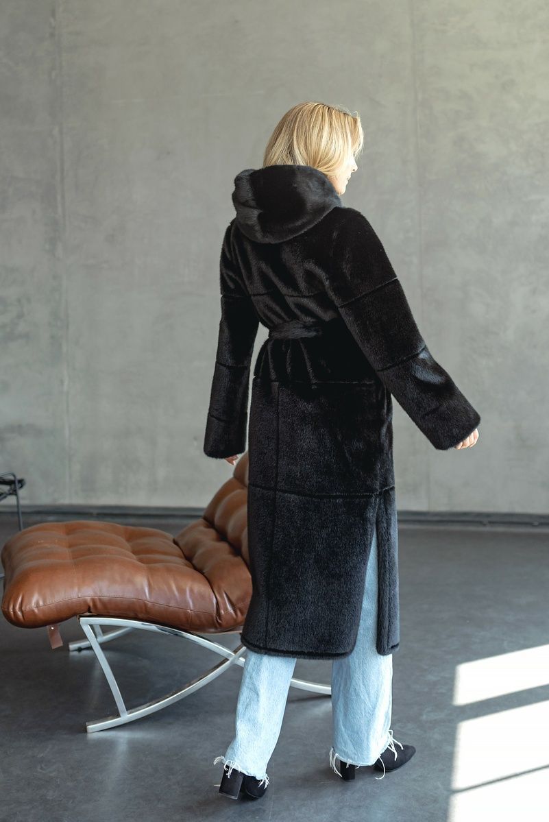 Women's long reversible black shearling coat with hood and belt, Black, Black, 42, Winter