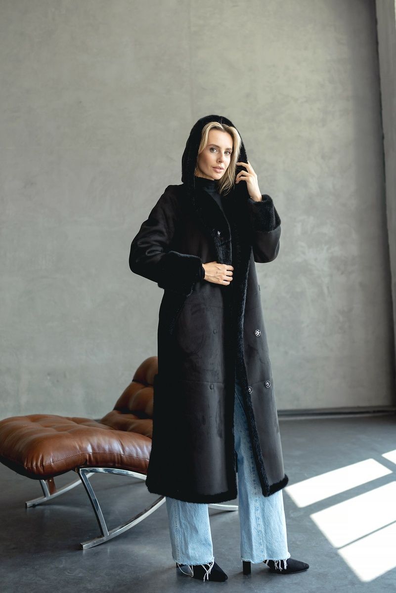 Women's long reversible black shearling coat with hood and belt, Black, Black, 42, Winter