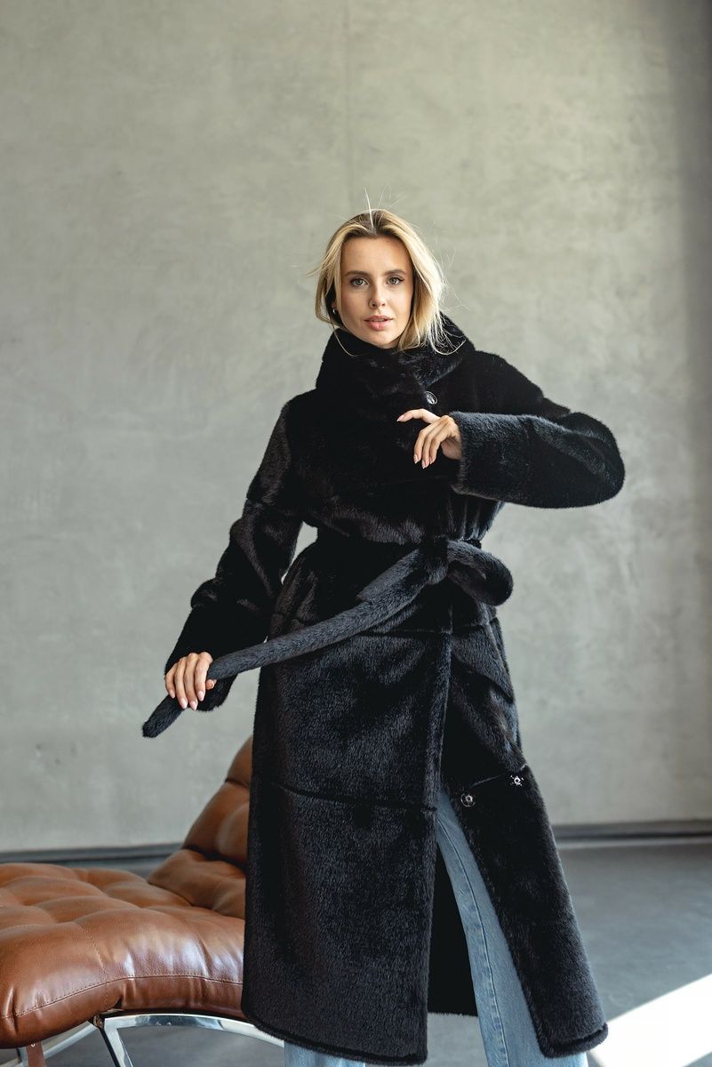 Women's long reversible black shearling coat with hood and belt, Black, Black, 42, Winter