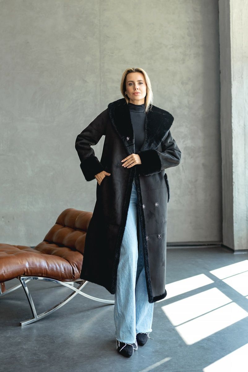 Women's long reversible black shearling coat with hood and belt, Black, Black, 42, Winter