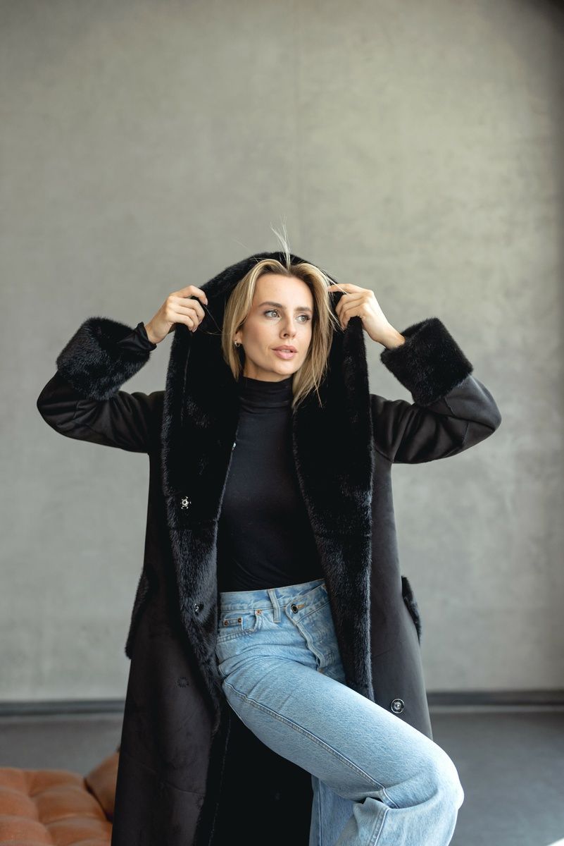 Women's long reversible black shearling coat with hood and belt, Black, Black, 42, Winter