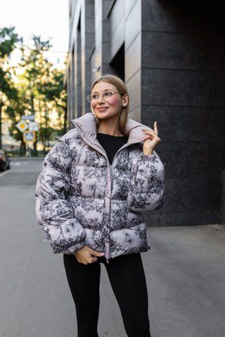 Women's double-sided winter oversized puffer with a detachable hood and print beige, 1437 (а), 1437 (а), 42, Winter
