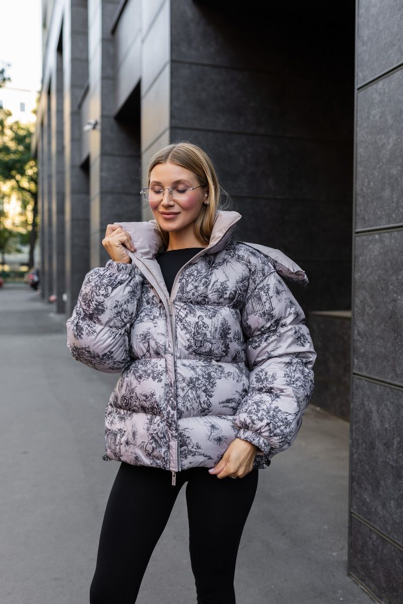 Women's double-sided winter oversized puffer with a detachable hood and print beige, 1437 (а), 1437 (а), 42, Winter
