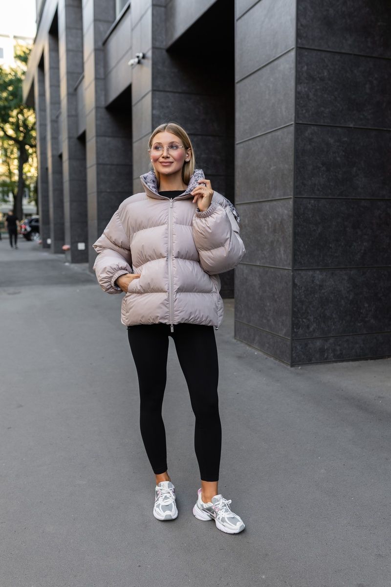 Women's double-sided winter oversized puffer with a detachable hood and print beige, 1437 (а), 1437 (а), 42, Winter