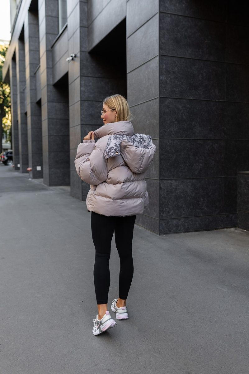 Women's double-sided winter oversized puffer with a detachable hood and print beige, 1437 (а), 1437 (а), 42, Winter