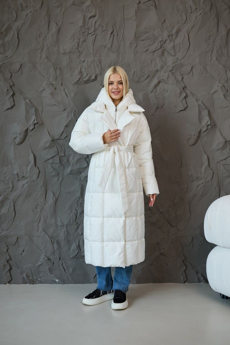 Women's long warm down jacket with a belt and hooded neck warmer milk , #1_Молоко, #1_Молоко, 42, Winter