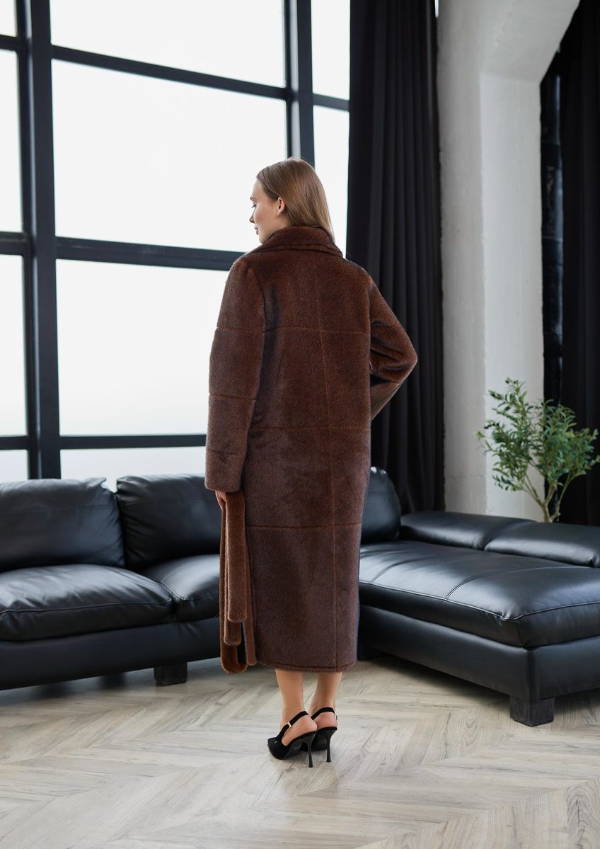 Довга двостороння жіноча шуба зі штучного хутра з поясом без капюшона махагон N100V фото