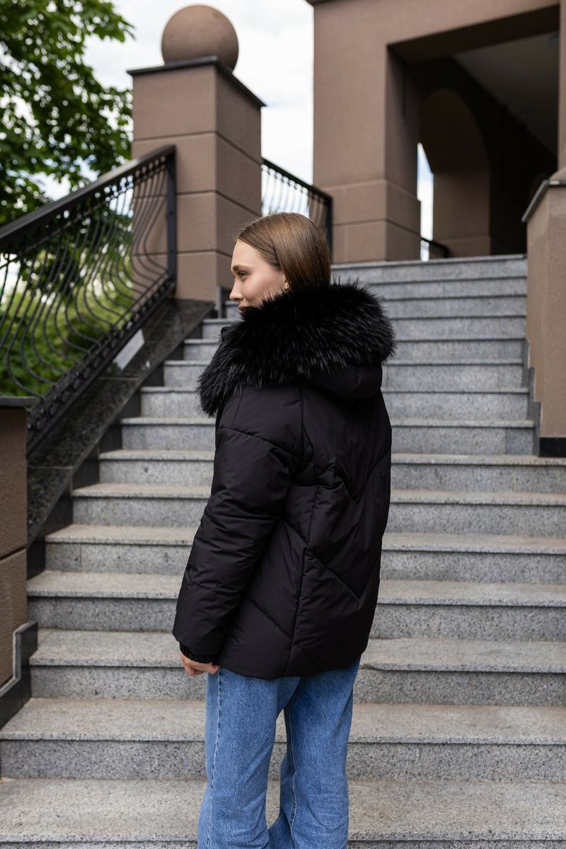 Winter short women's jacket with a fur hood padded zip up with elastic cuffs and decorative stitching black, Black (a), Black (a), 42, Winter