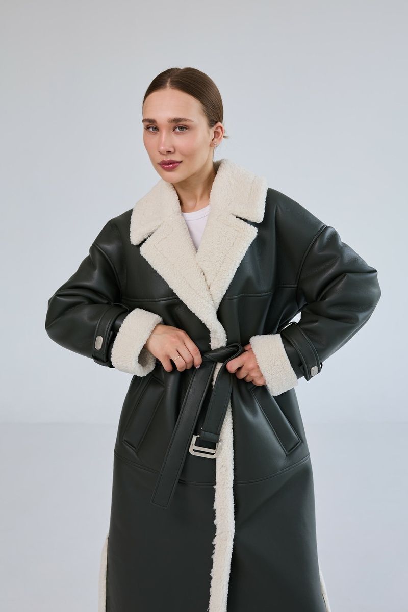 Women's long winter faux leather coat with fur, wide sleeves, and a belt in dark green, Green, Green, 42, Winter
