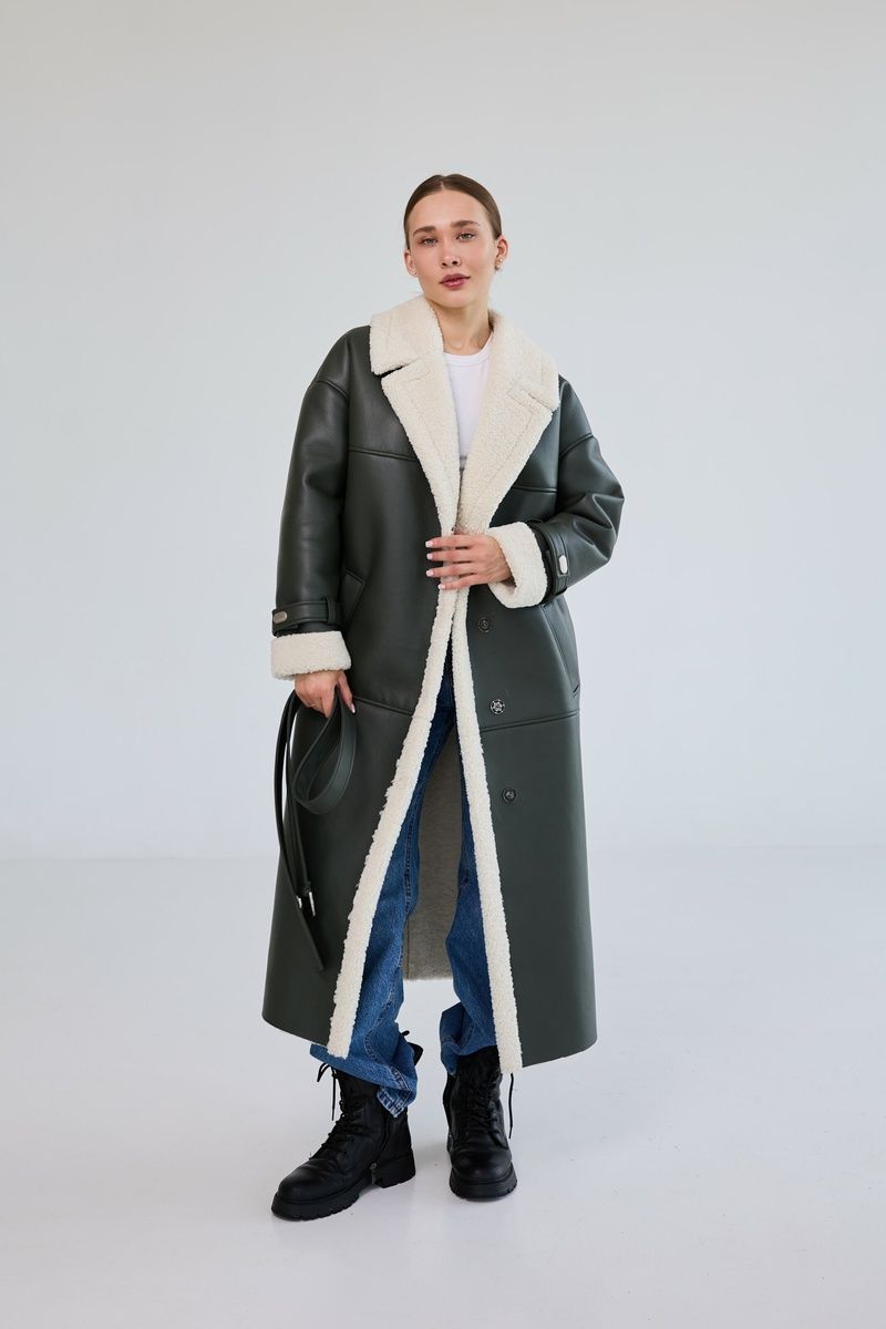 Women's long winter faux leather coat with fur, wide sleeves, and a belt in dark green, Green, Green, 42, Winter