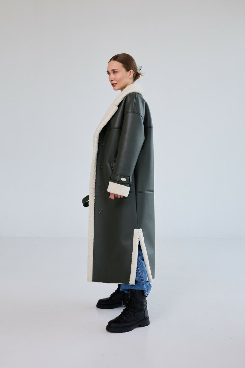 Women's long winter faux leather coat with fur, wide sleeves, and a belt in dark green, Green, Green, 42, Winter