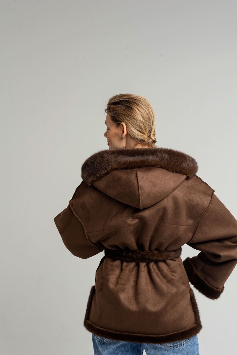 Reversible short sheepskin coat with hood and belt dark brown, Dark Brown, Dark Brown, 38, Winter