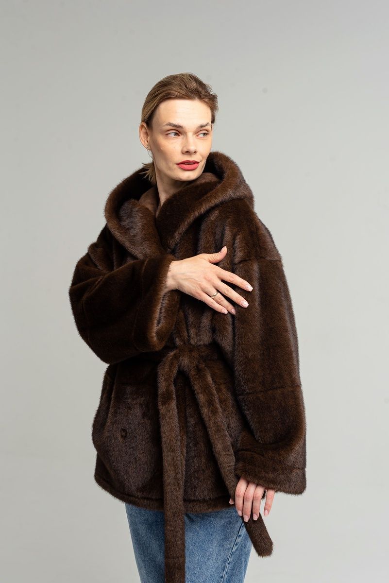 Reversible short sheepskin coat with hood and belt dark brown, Dark Brown, Dark Brown, 38, Winter
