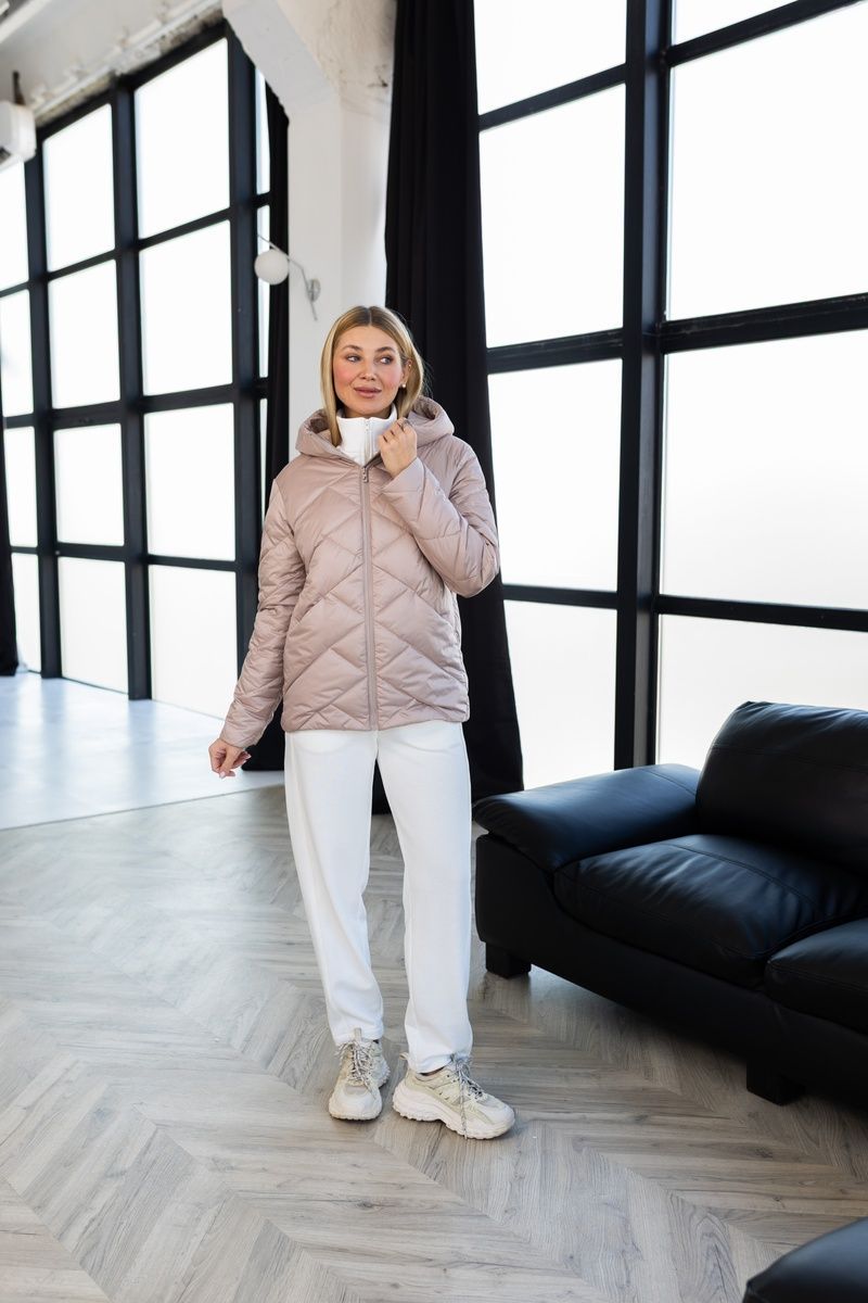 Women's quilted jacket with hood and belt beige for the midseason, #682, #682, 42, Autumn/Spring