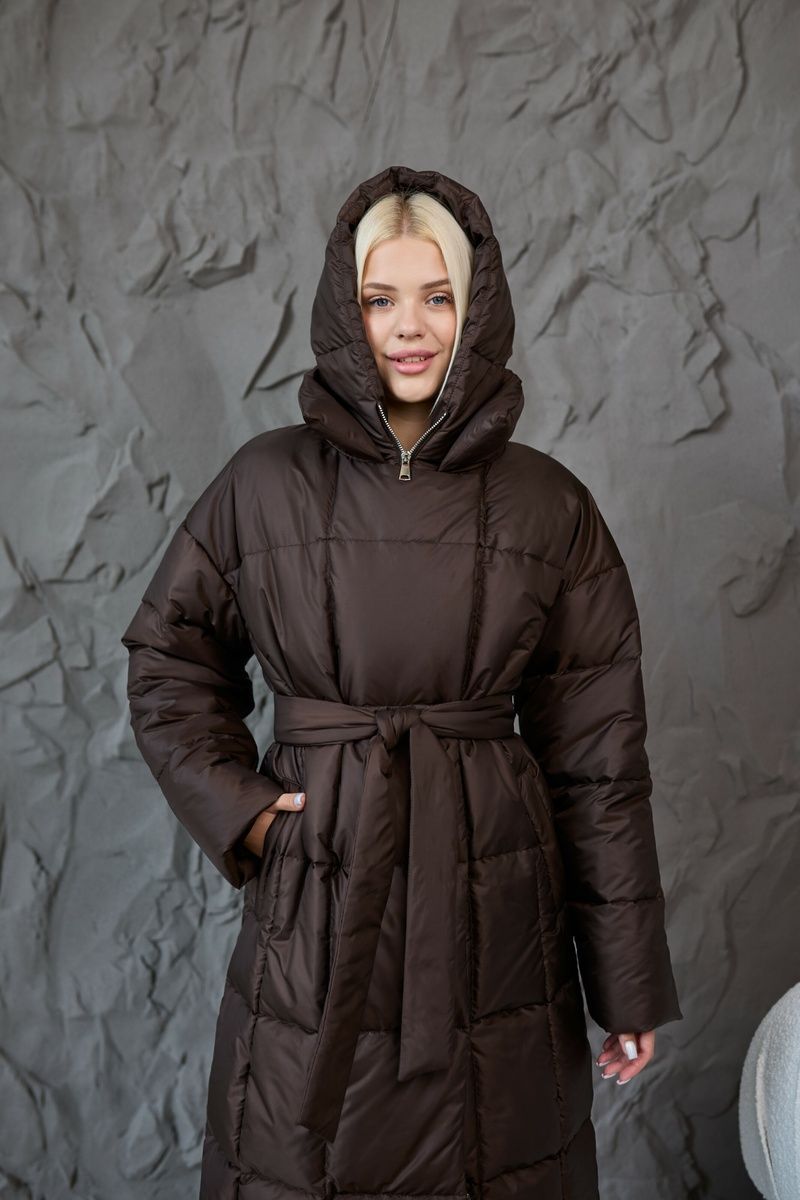 Long straight quilted down jacket with a belt and hood chocolate, #4_Шоколад, #4_Шоколад, 42, Winter