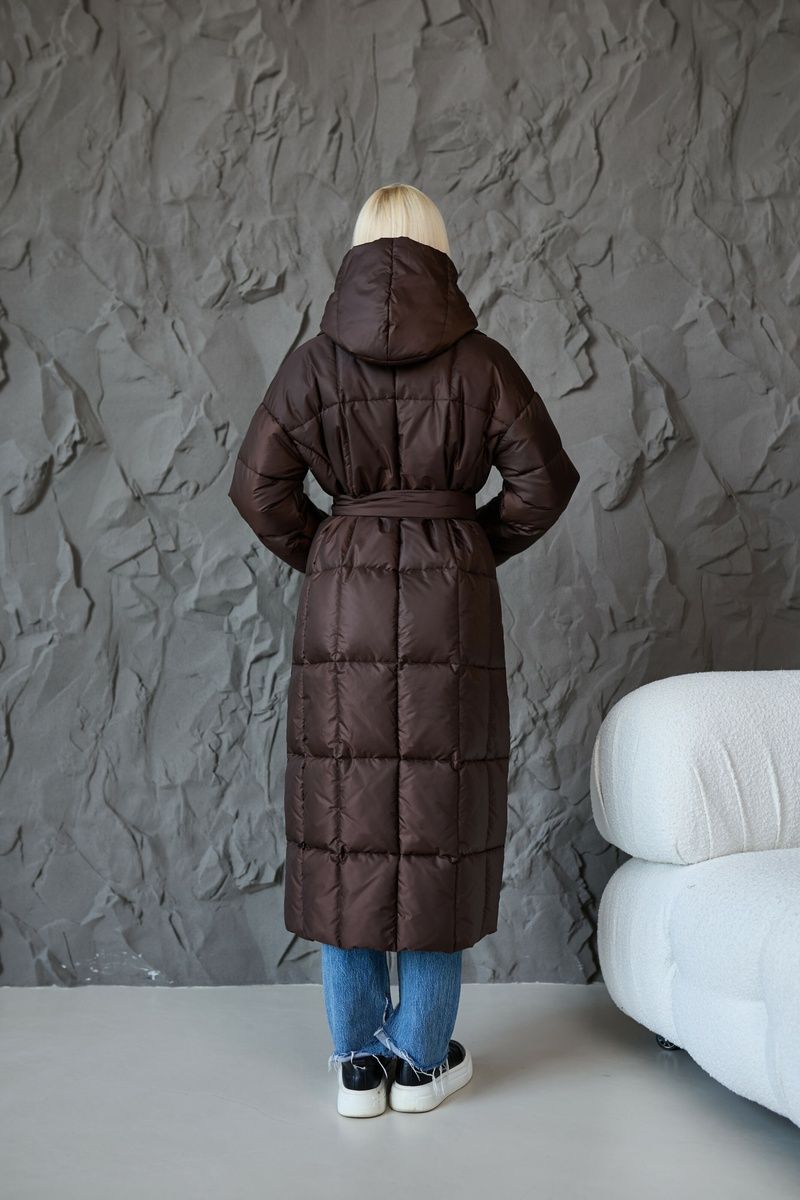 Long straight quilted down jacket with a belt and hood chocolate, #4_Шоколад, #4_Шоколад, 42, Winter