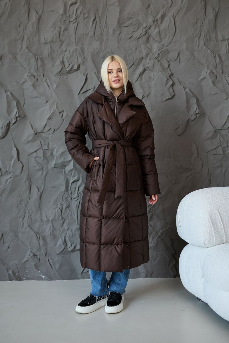 Long straight quilted down jacket with a belt and hood chocolate, #4_Шоколад, #4_Шоколад, 42, Winter