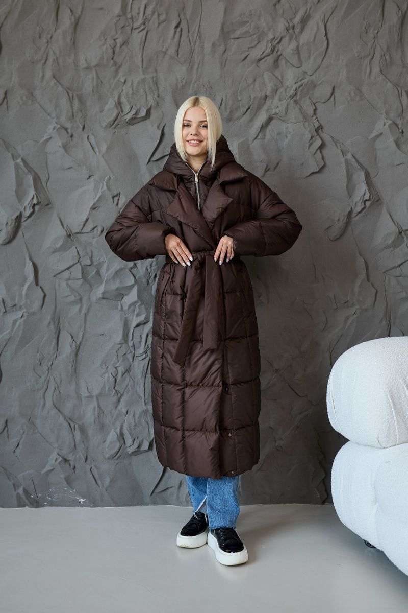 Long straight quilted down jacket with a belt and hood chocolate, #4_Шоколад, #4_Шоколад, 42, Winter