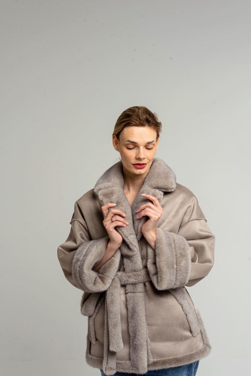 Double-sided eco-fur sheepskin coat with an English collar gray, Silver, Silver, 42, Winter