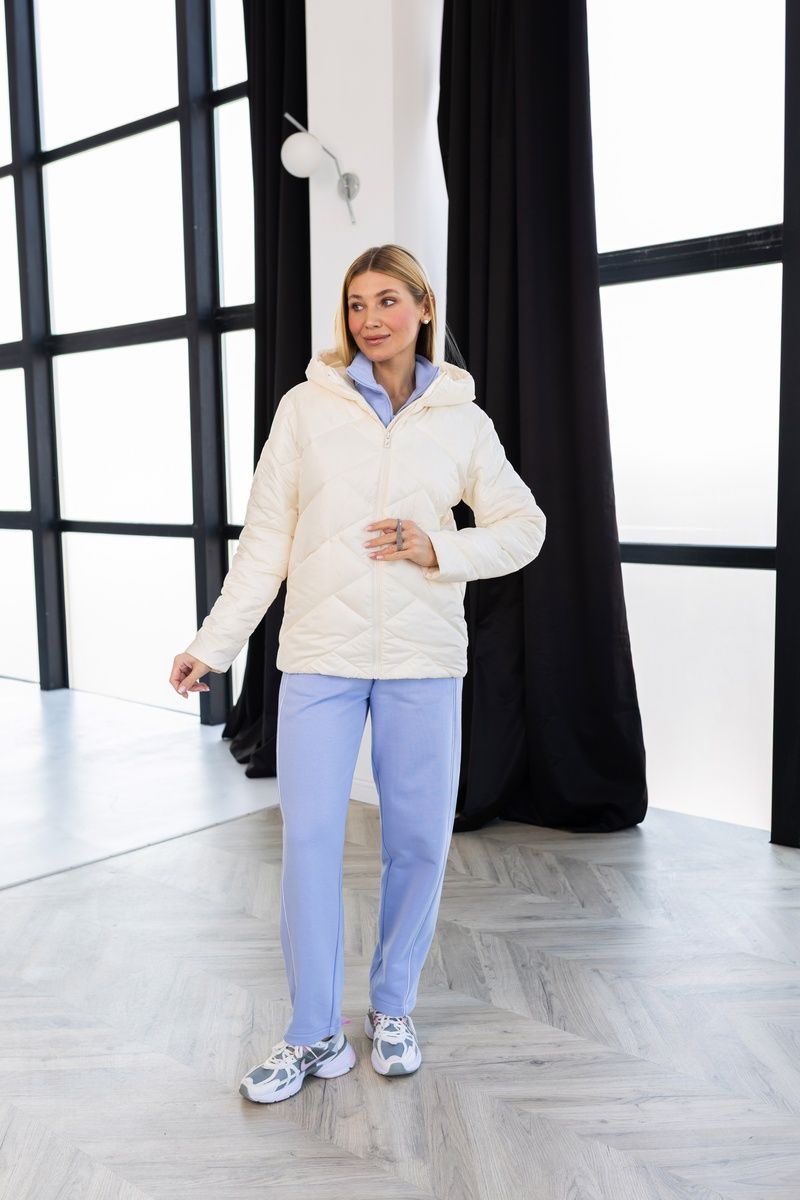 Women's mid season quilted jacket with a hood and belt milk , #1225, #1225, 46, Autumn/Spring