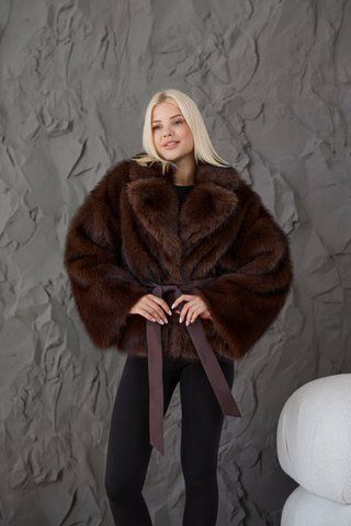 Екошуба парка на два боки з екохутром та поясом для жінок темно коричнева N74V фото