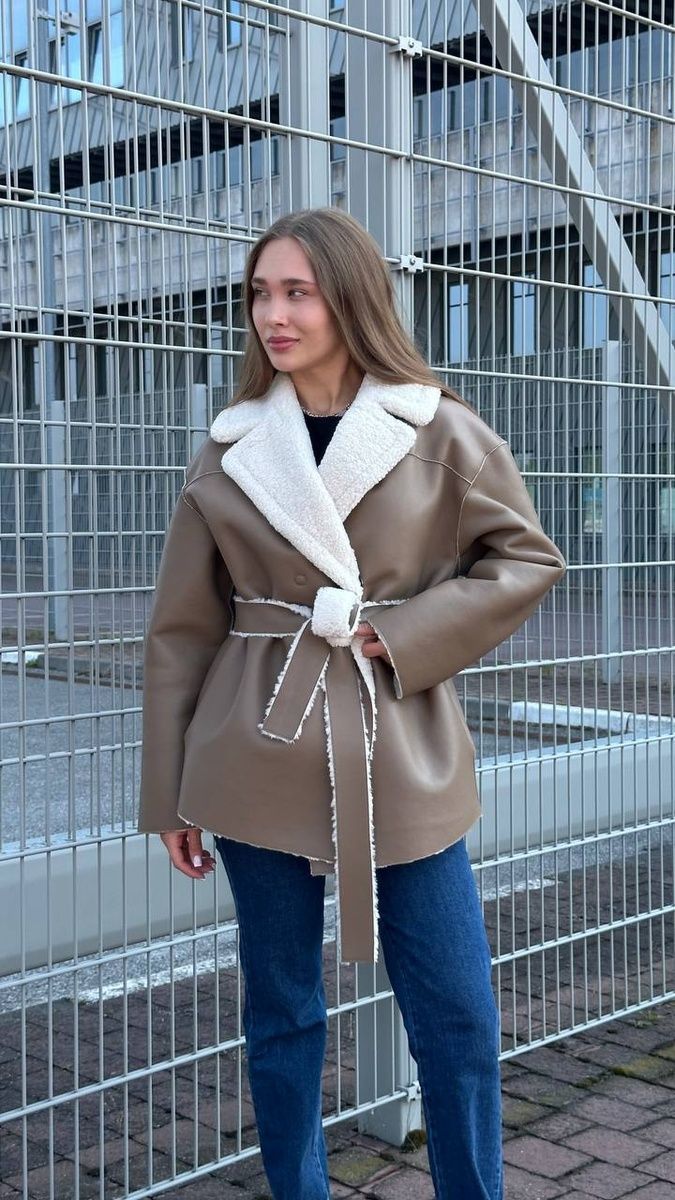 Women's reversible winter aviator sheepskin coat with eco leather and fur with a belt dark beige, Dark Beige, Dark beige, 42, Winter