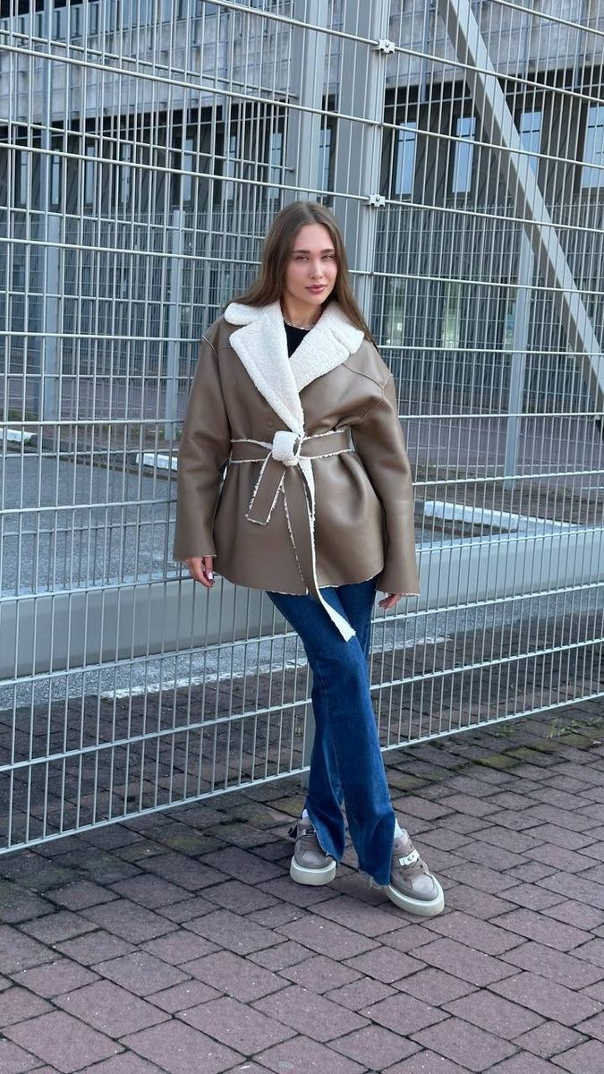 Women's reversible winter aviator sheepskin coat with eco leather and fur with a belt dark beige, Dark Beige, Dark beige, 42, Winter