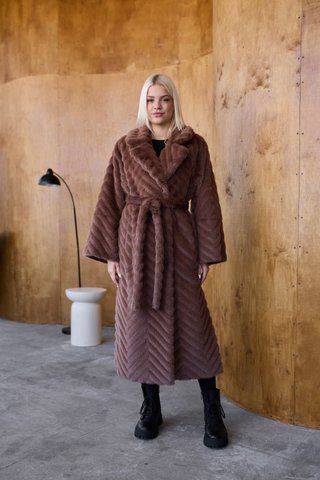 Elegant Long White Faux Fur Coat with Chevron Pattern and Belt macadamia, Macadamia print, Macadamia print, 44, Winter