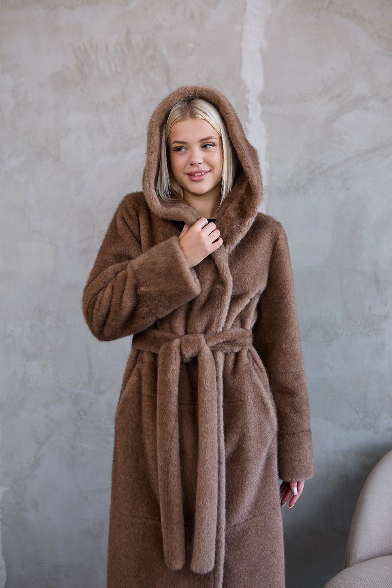 Women's Reversible Long Hooded Faux Fur Shearling Coat macadamia, Macadamia, Macadamia, 56, Winter