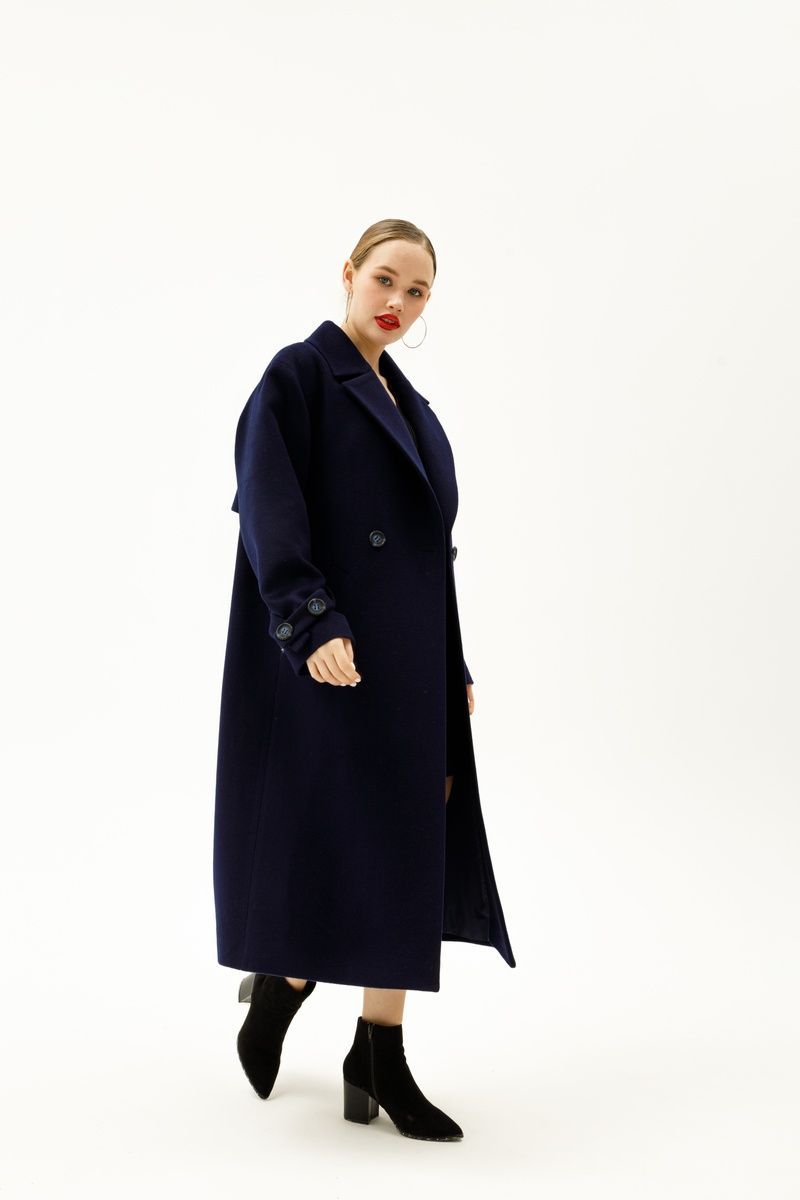 Women's dark blue mid-season coat with a belt and wide sleeves, col. 852_синій, col. 852_синій, 46, Autumn/Spring