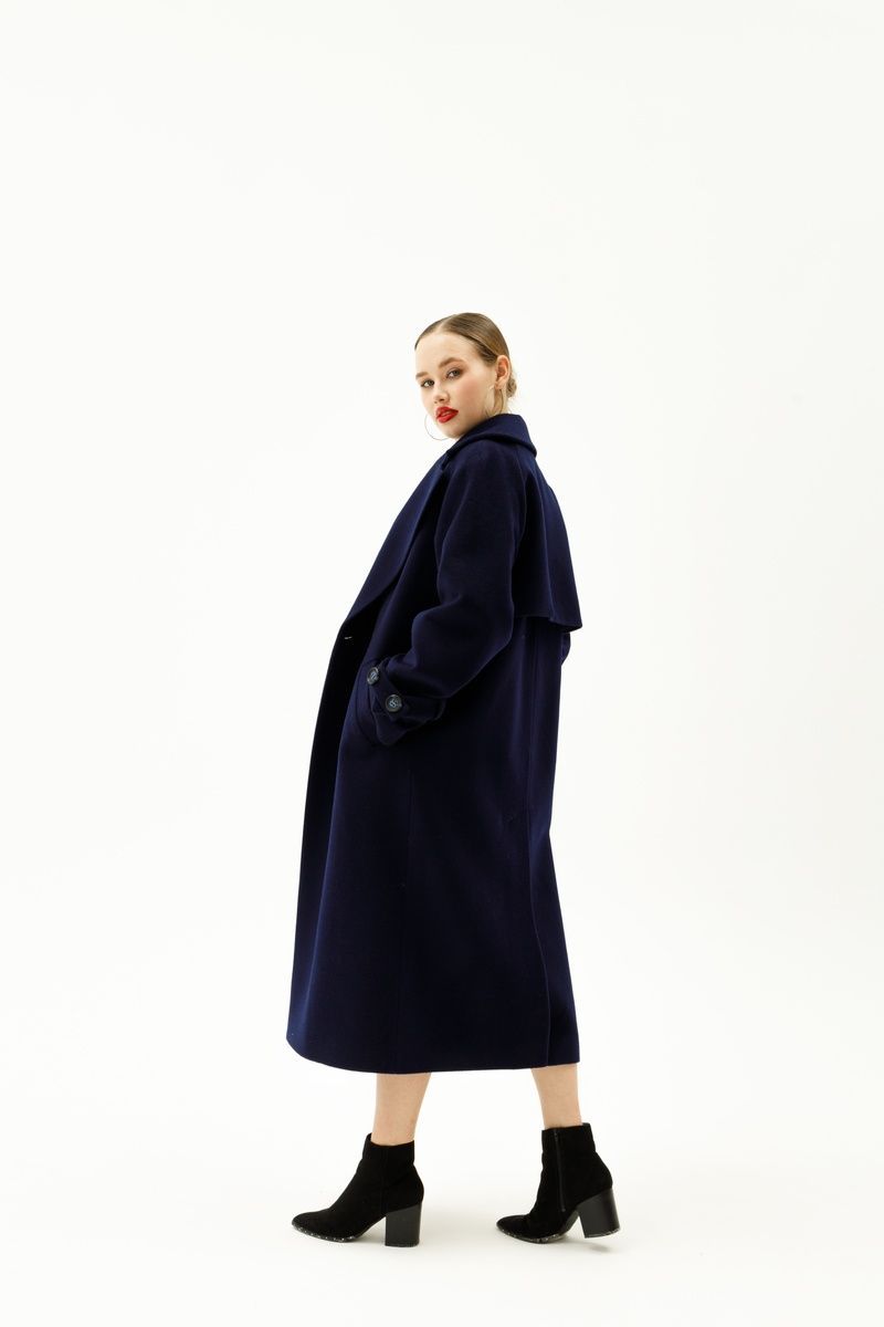 Women's dark blue mid-season coat with a belt and wide sleeves, col. 852_синій, col. 852_синій, 46, Autumn/Spring