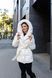 Insulated women's short jacket with a hood and faux fox fur tie waist, zipper and snap closure cuffs on the sleeves cream, 1221(L), 1221(L), 46, Winter